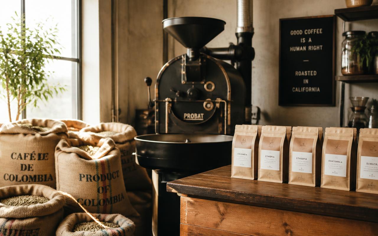 Coffee roastery with a drum roaster, burlap bean sacks and bags of roasted coffee