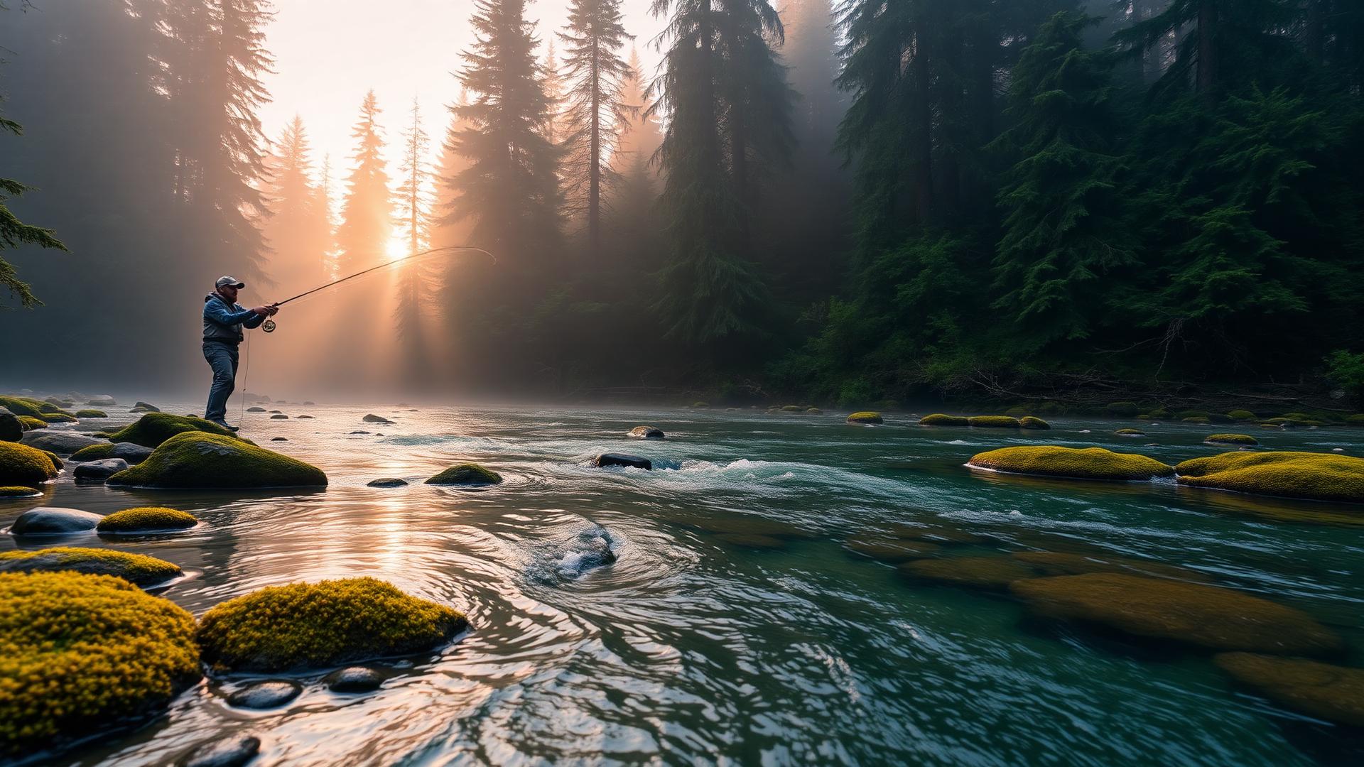 Sunlit river running through forest, the hero backdrop of Fine Job Fly Fishing Co.