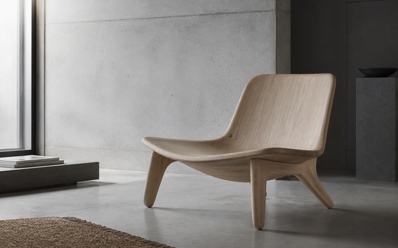 Sculptural pale-wood lounge chair in a bright concrete studio
