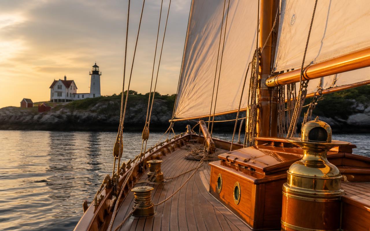 Wooden sailing yacht passing a Maine lighthouse at golden hour