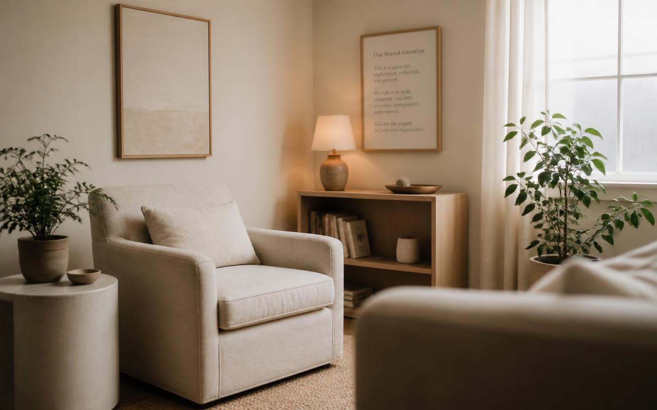 Calm therapy room with a linen armchair and soft daylight
